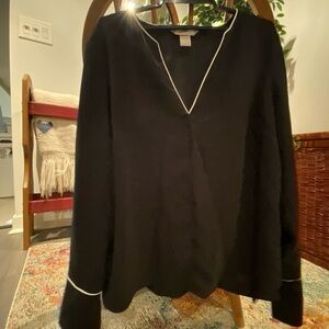 Black V-Neck Blouse with White Trim